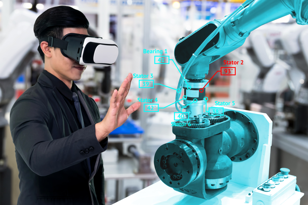 Virtual reality technology in industry 4.0. Business man suit wearing VR glasses to see AR service
